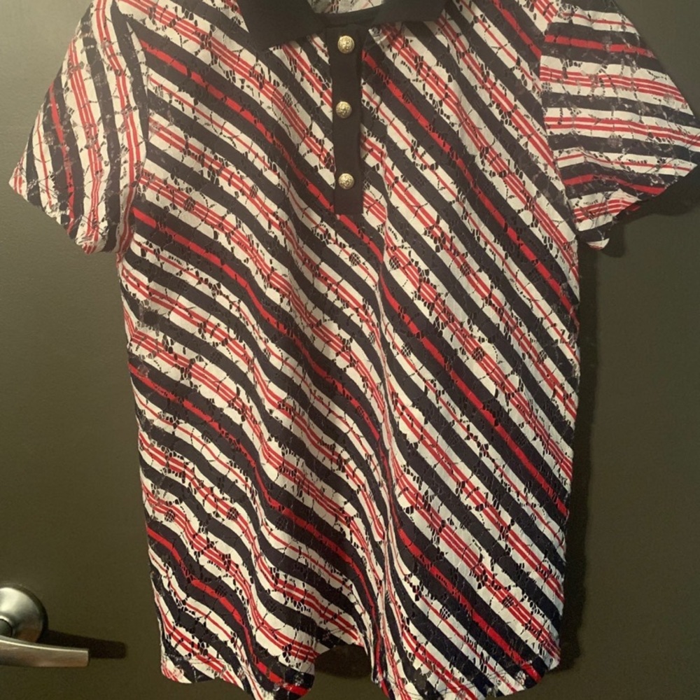TOMMY HILFIGER Women's Asymmetric-striped Lace Polo Shirt Top TEDO